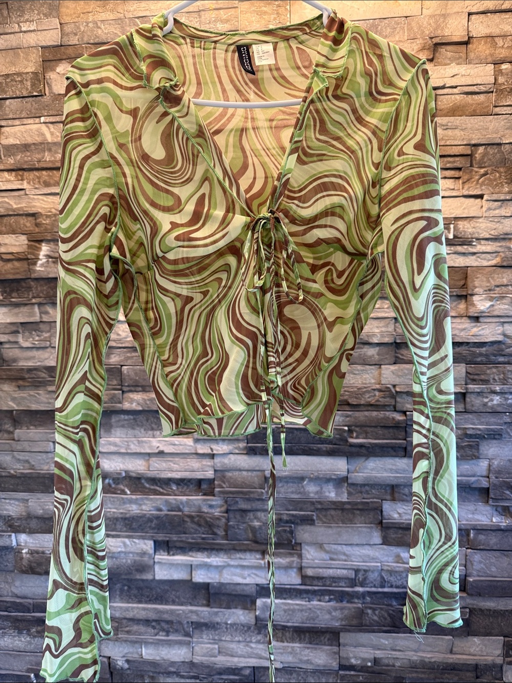 Zara Green and Brown Swirl Tie-Front Crop Top